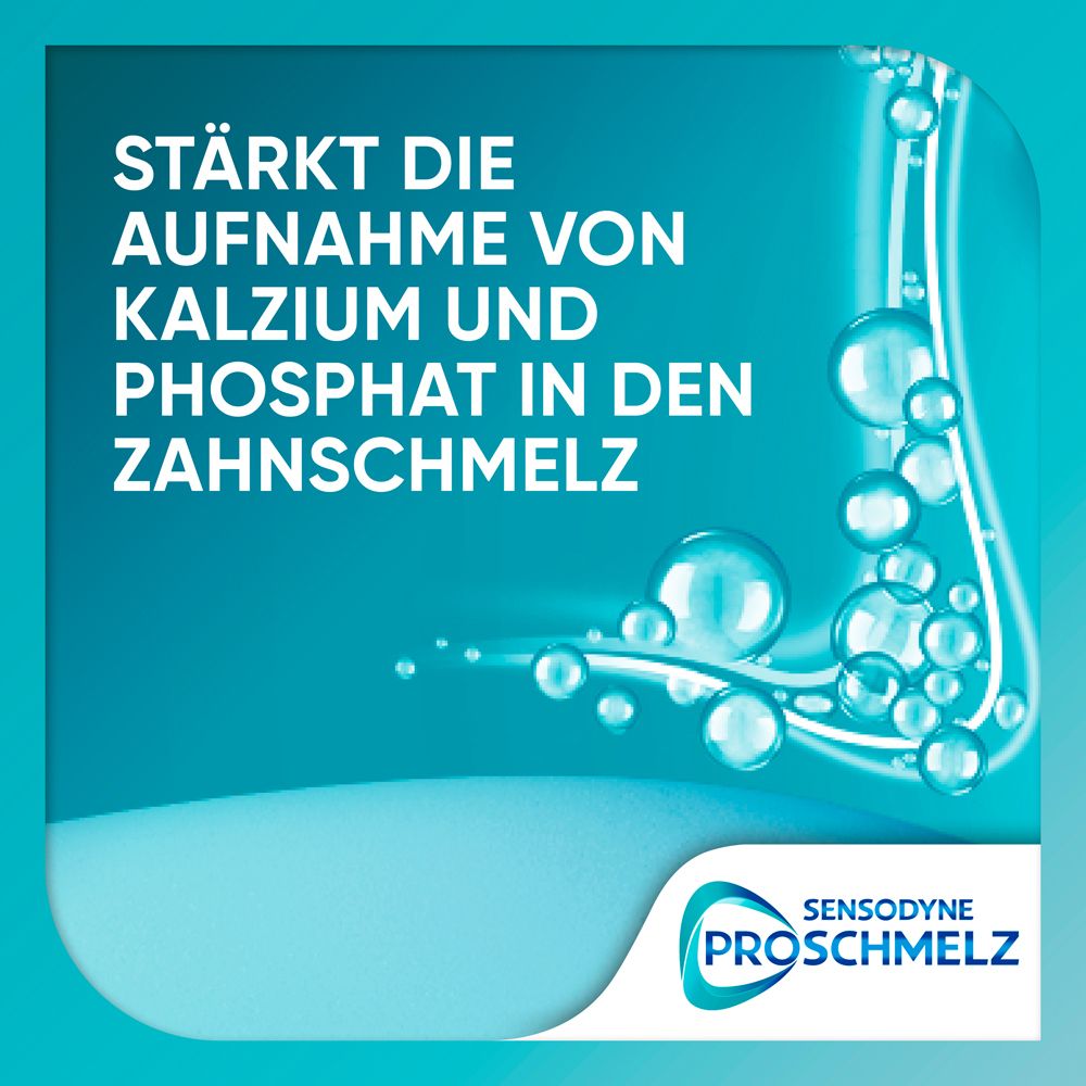 Blauer Hintergrund mit Text: Stärkt die Aufnahme von Kalzium und Phosphat in den Zahnschmelz. Logo ProSchmelz.