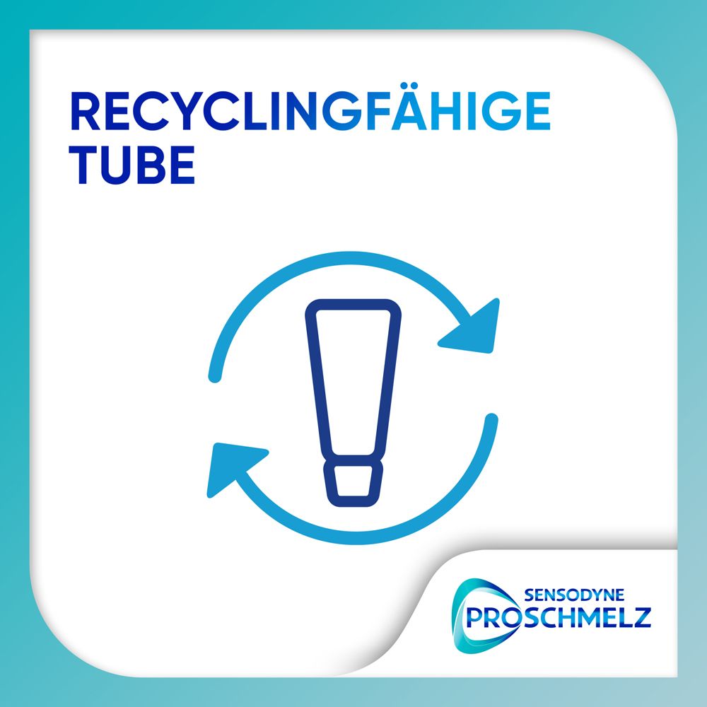 Grafik einer Zahnpasta-Tube mit Pfeilen. Text: Recyclingfähige Tube. Logo ProSchmelz.