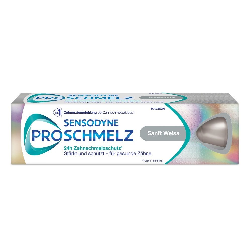 Sensodyne ProSchmelz Zahnschmelzschutz Sanft Weiß Zahnpasta in einer Kartonverpackung.