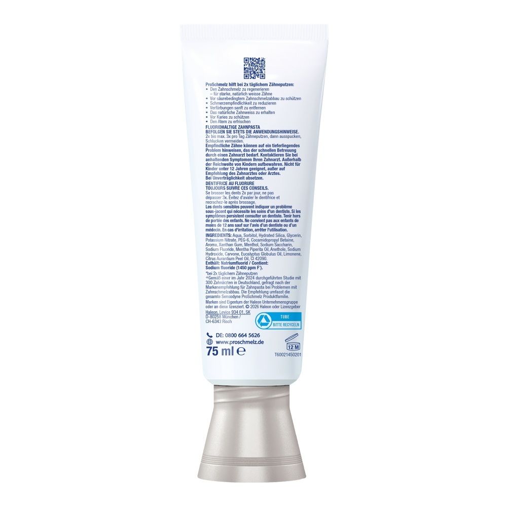 Rückseite einer Sensodyne ProSchmelz Zahnpasta Tube mit Anwendungshinweisen und Inhaltsstoffen.