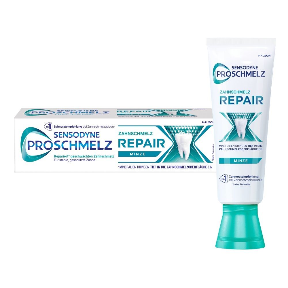 Sensodyne ProSchmelz Repair Minze Zahnpasta Tube und Karton. "1" und "Repariert" sind hervorgehoben. "Minze" ist angegeben.