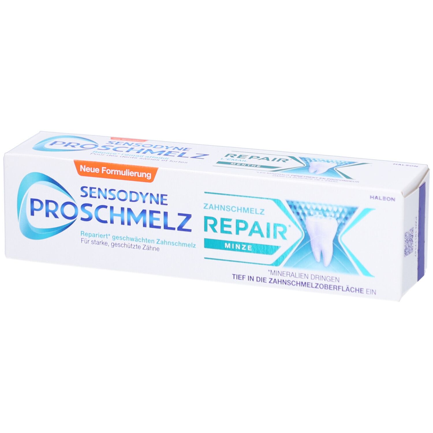 Emballage de dentifrice Sensodyne ProSchmelz Repair, menthe. Boîte blanche avec accents bleus et oranges. Texte.