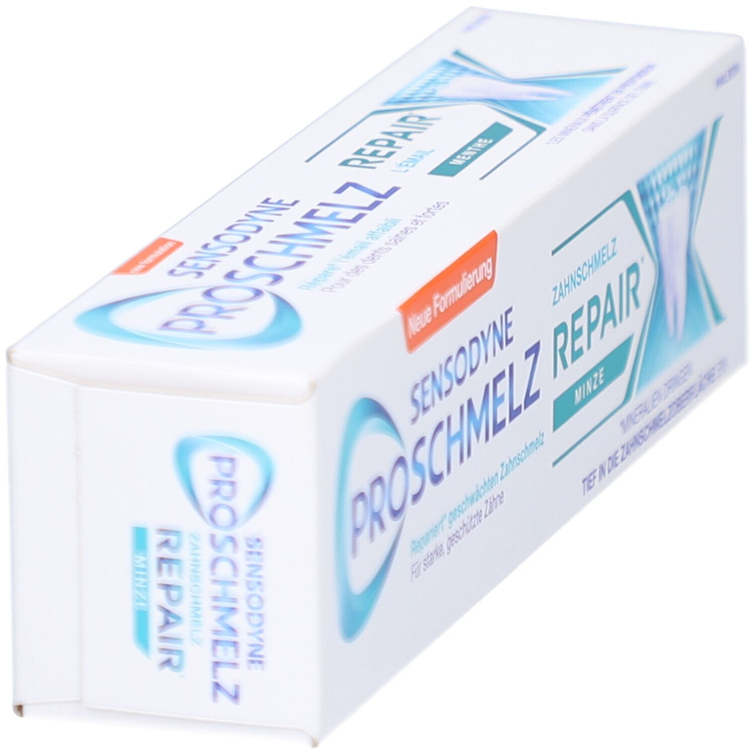 Emballage de dentifrice Sensodyne ProSchmelz Repair. Boîte blanche avec accents bleus et oranges. Vue en angle.