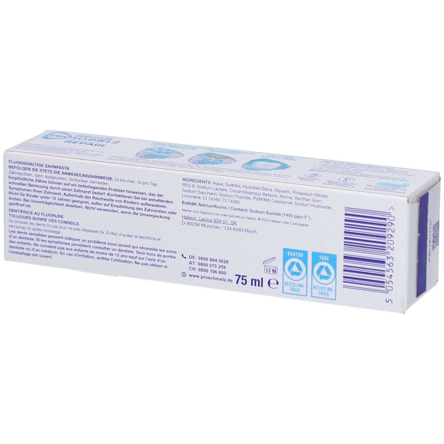 Dos de l'emballage de dentifrice. Texte en allemand et français. Ingrédients, coordonnées, symboles de recyclage.