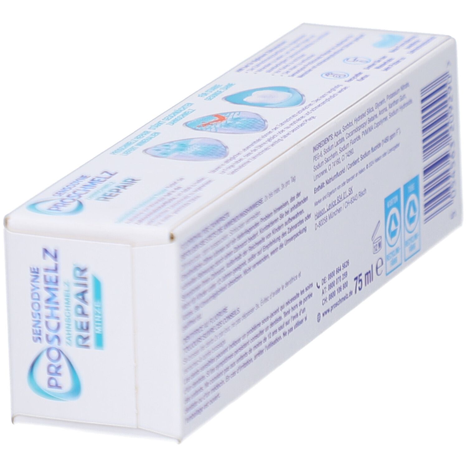 Emballage de dentifrice Sensodyne ProSchmelz Repair. Boîte blanche avec texte et symboles de recyclage. Vue en angle.