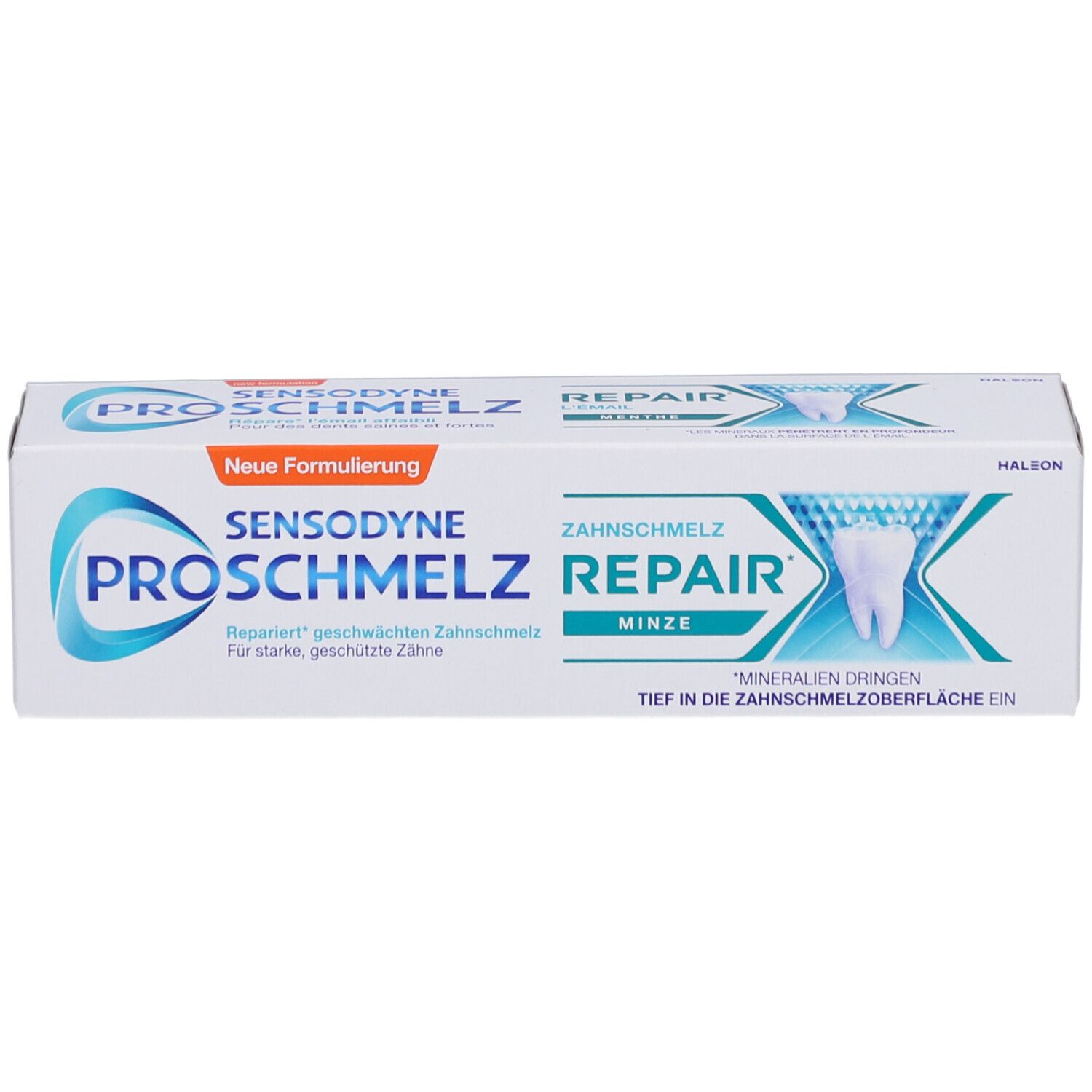 Emballage de dentifrice Sensodyne ProSchmelz Repair, menthe. Boîte blanche avec accents bleus et oranges. Texte.