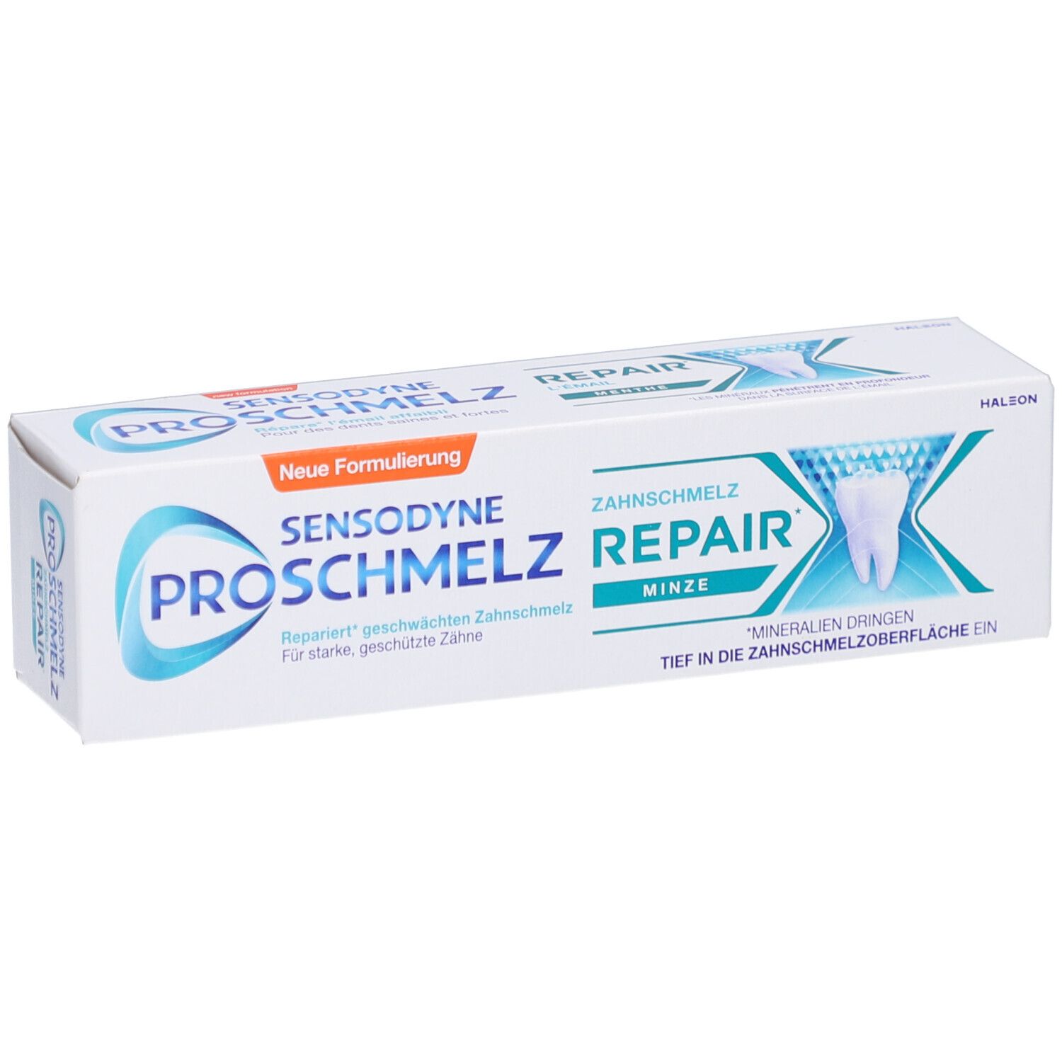 Emballage de dentifrice Sensodyne ProSchmelz Repair, menthe. Boîte blanche avec accents bleus et oranges. Texte.
