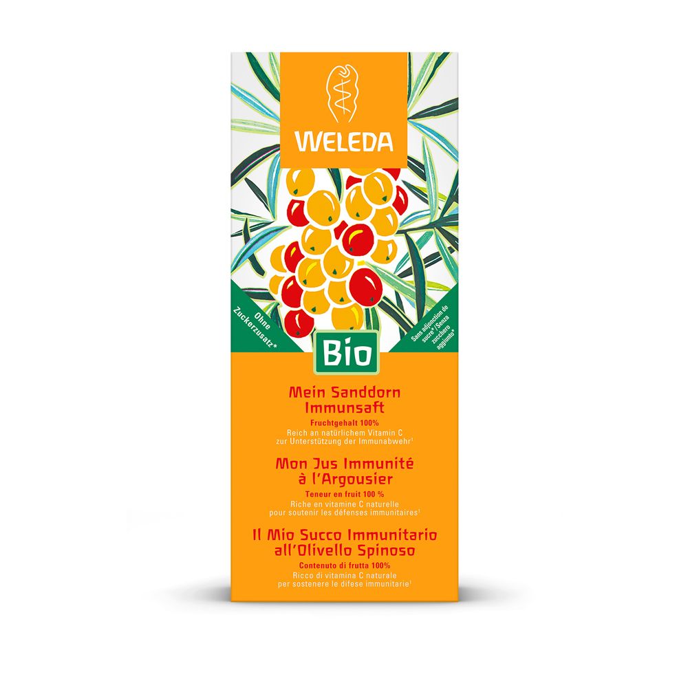 Orangefarbene Produktverpackung mit Aufschrift: Weleda, Bio, Mein Sanddorn Immunsaft. Abbildung von Sanddornbeeren.
