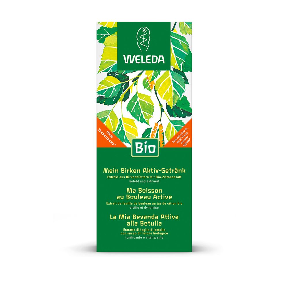 Grüne Verpackung mit Produktinformationen und dem Weleda-Logo. Auf der Verpackung steht 'Mein Birken Aktiv-Getränk'.