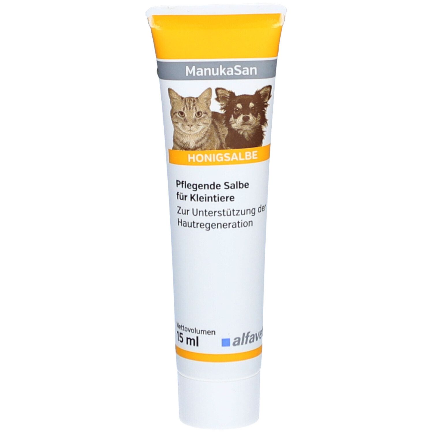 Creme-Tube mit gelbem Deckel. Aufdruck: Katze, Hund, "Honigsalbe", "Pflegende Salbe für Kleintiere". Marke: ManukaSan.