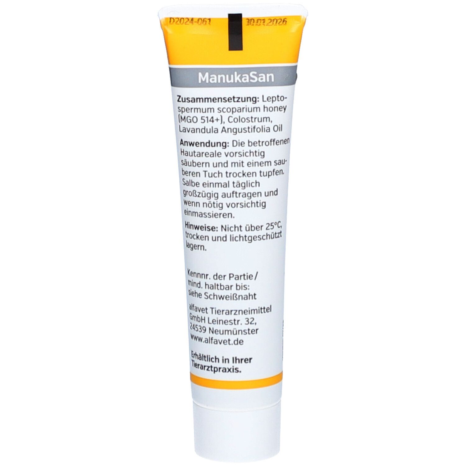 Rückseite der Creme-Tube. Text: Inhaltsstoffe, Anwendungshinweise, Haltbarkeit. Marke: ManukaSan. Hersteller: alfavet.