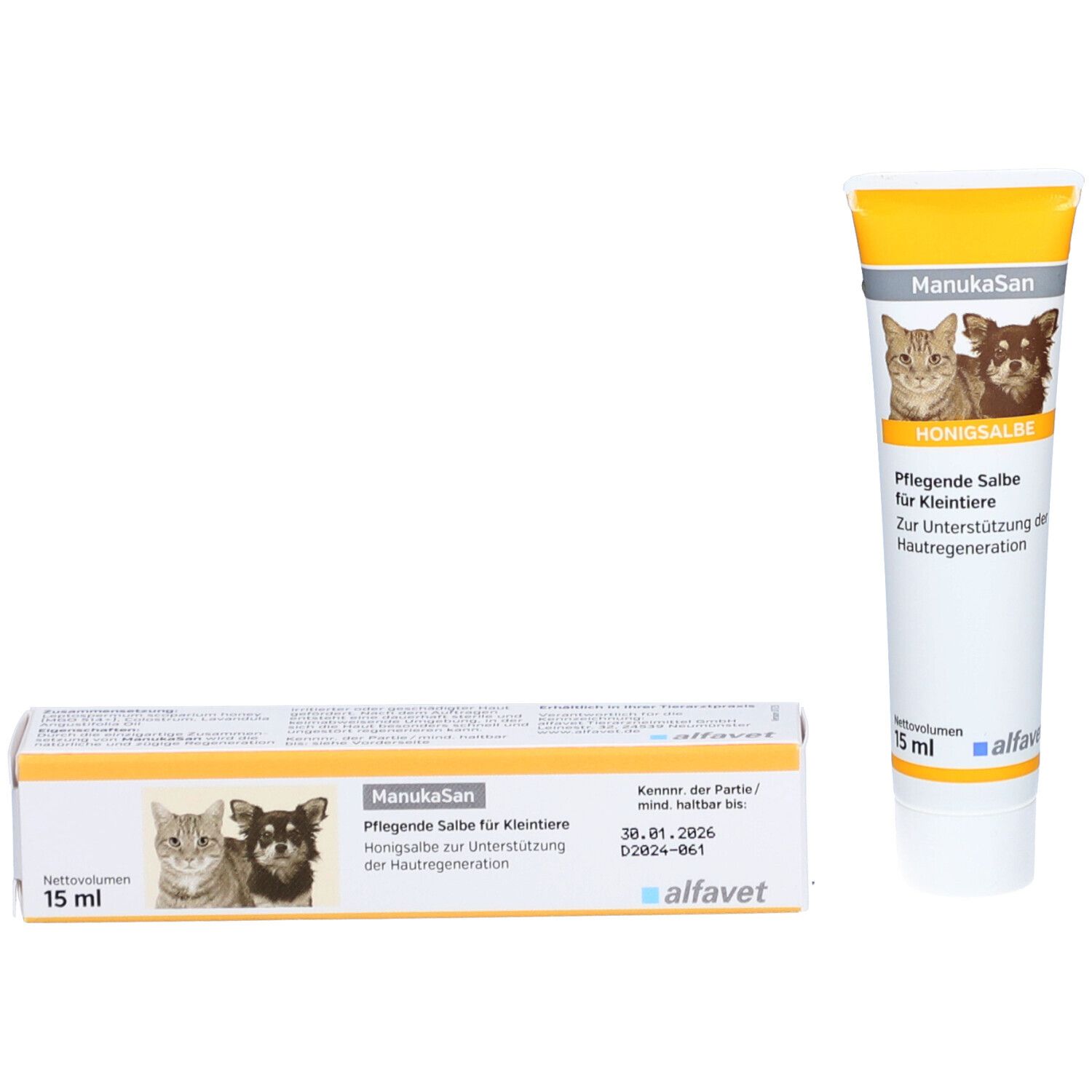 Tube und Schachtel. Aufdruck: Katze, Hund, "Honigsalbe", "Pflegende Salbe für Kleintiere". Marke: ManukaSan. Hersteller: alfavet.