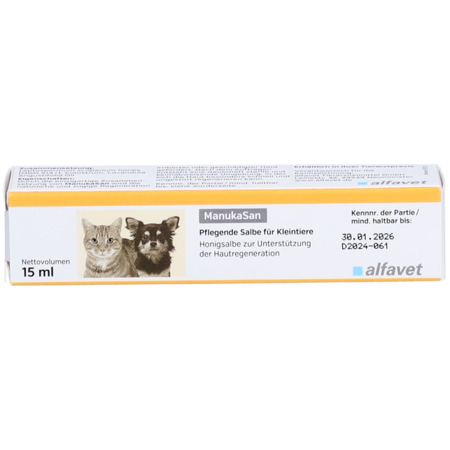 Schachtel. Aufdruck: Katze, Hund, "Honigsalbe", "Pflegende Salbe für Kleintiere". Marke: ManukaSan. Hersteller: alfavet.