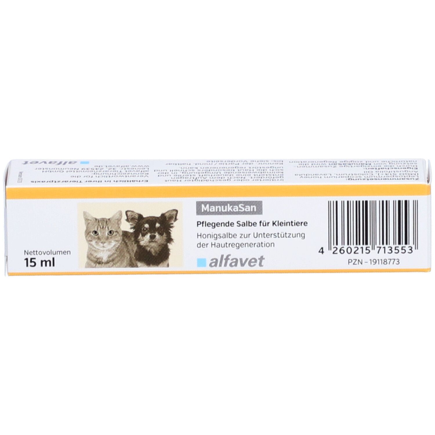 Schachtel. Aufdruck: Katze, Hund, "Honigsalbe", "Pflegende Salbe für Kleintiere". Marke: ManukaSan. Hersteller: alfavet. Barcode.