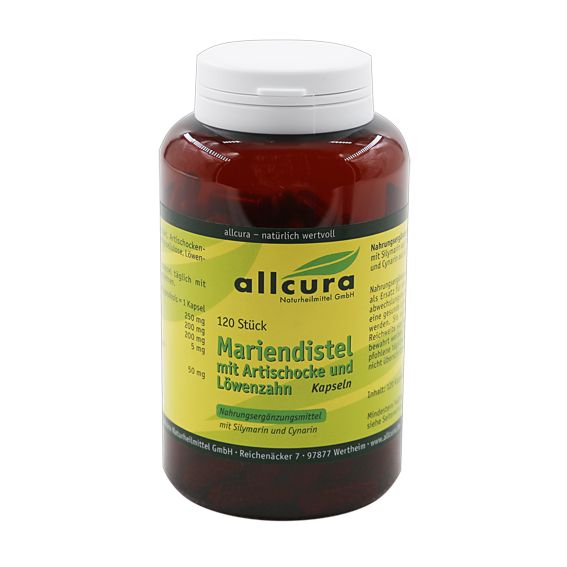 Flacon brun à bouchon blanc. Inscription : allcura Mariendistel mit Artischocke und Löwenzahn. 120 gélules.