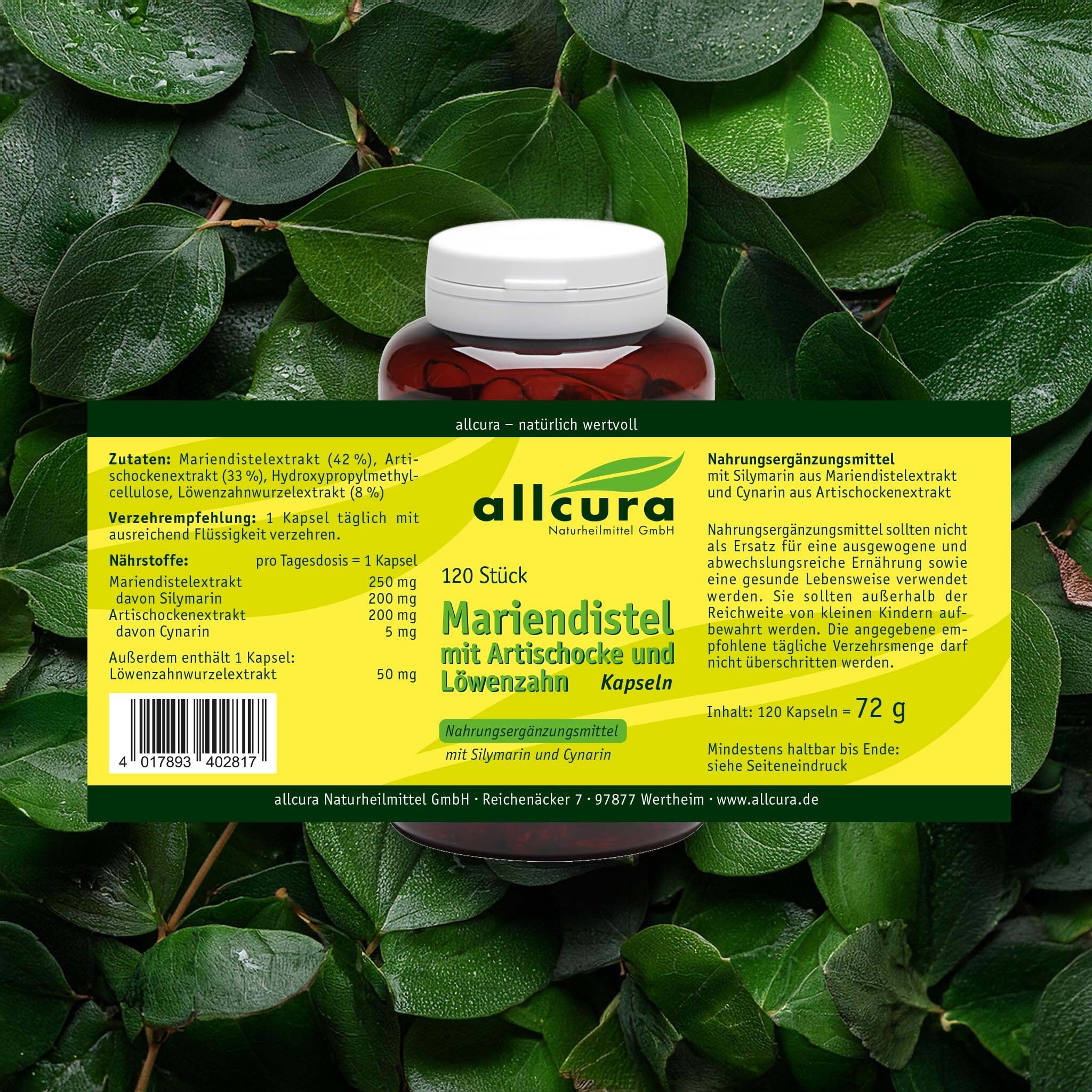 Flacon brun avec étiquette jaune. Inscription : allcura Mariendistel mit Artischocke und Löwenzahn. Liste des ingrédients et valeurs nutritionnelles.