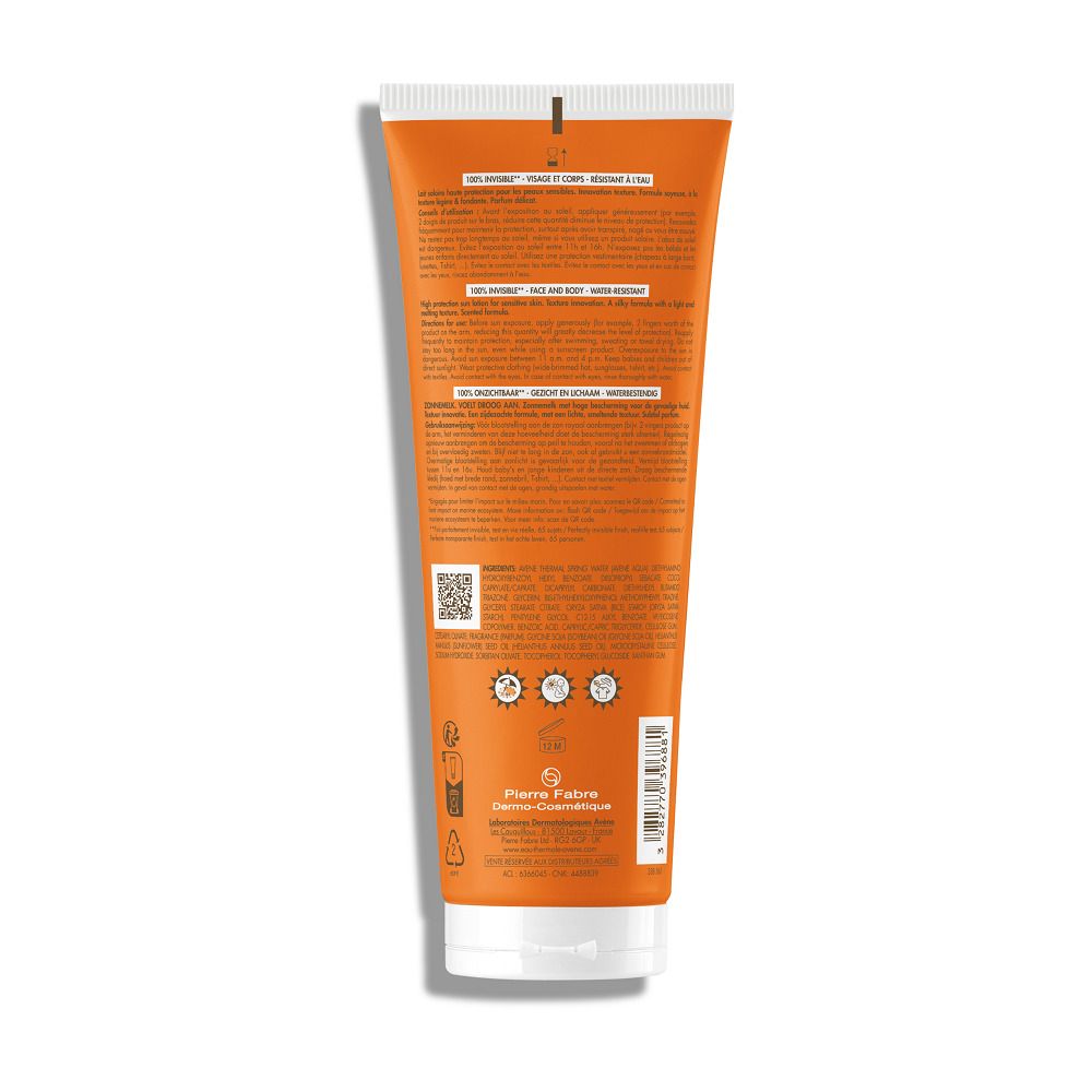 Orange Tube mit weißem Deckel. Aufschrift: Avène, Sonnenmilch LSF 50, 100% Invisible. Dry Touch. 250ml. Mit Test-Siegel.