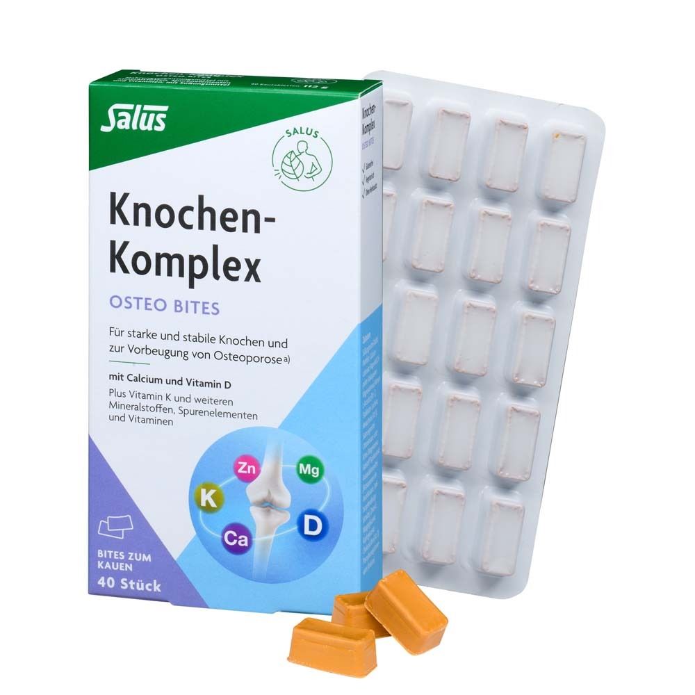 Boîte de Salus Knochen-Komplex Osteo Bites. Contient 40 comprimés à croquer. Blister avec comprimés.