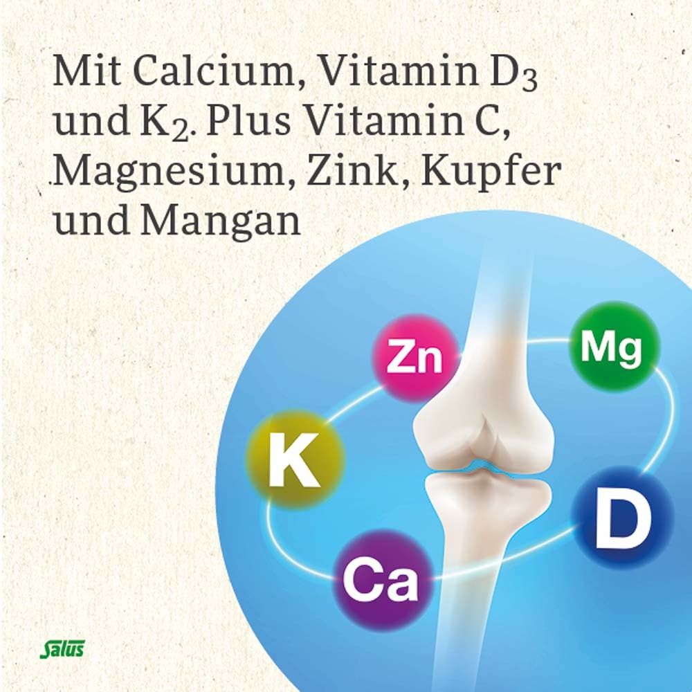 Illustration d'os avec cercles pour minéraux. Texte : Calcium, vitamine D3 et K2. Plus vitamine C, magnésium, zinc, cuivre et manganèse.