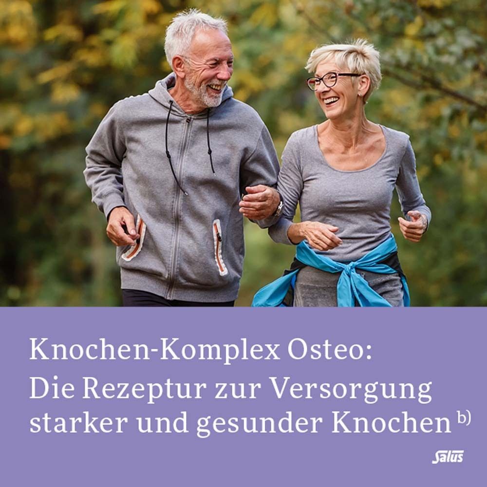 Couple âgé riant en faisant du jogging. Texte : Knochen-Komplex Osteo : La recette pour des os solides et sains.