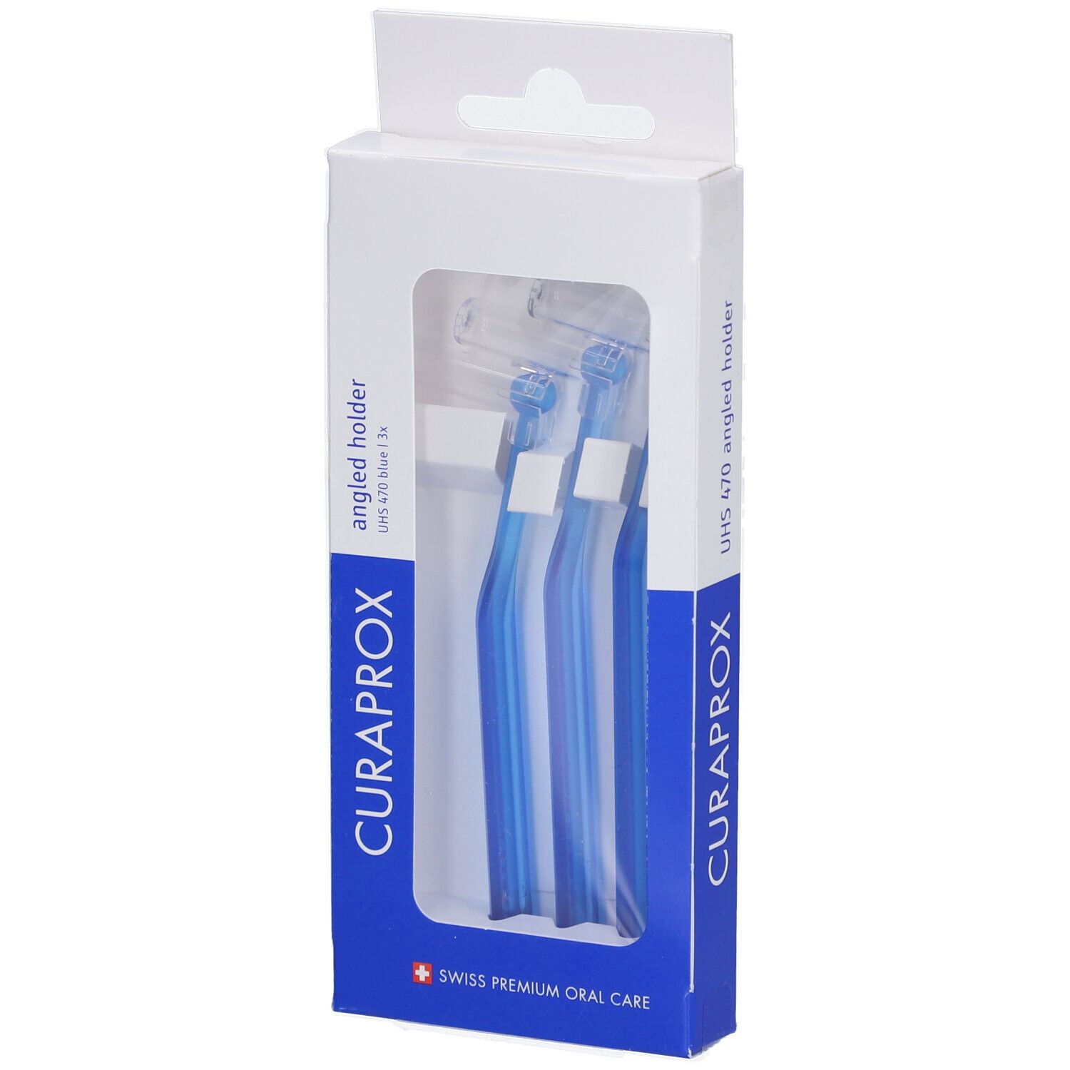 Verpackung mit blauen Interdentalbürstenhaltern. Sichtbar: CURAPROX, UHS 470, Swiss Premium Oral Care. Drei Bürsten im Karton.