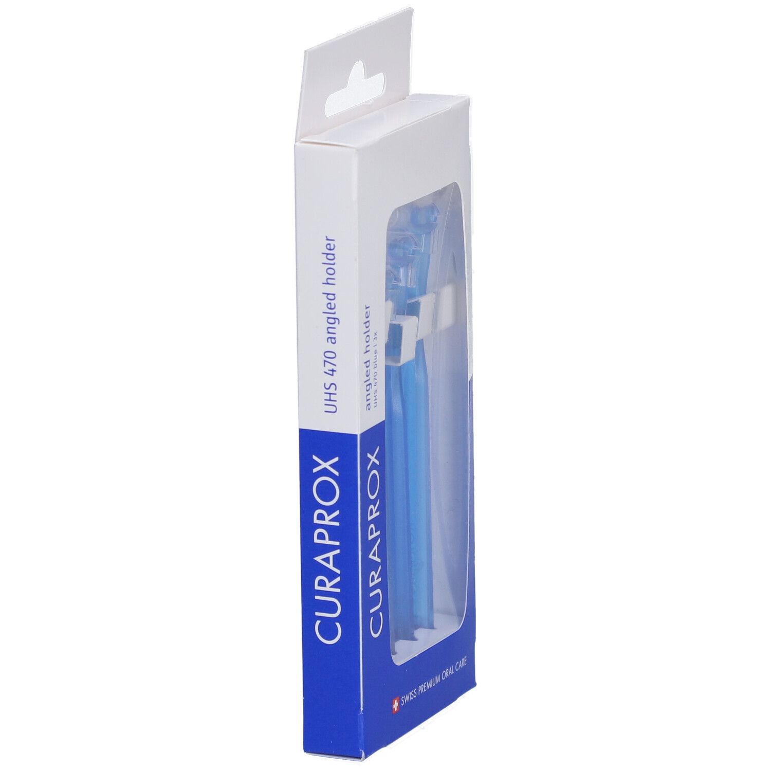 Seitenansicht der Verpackung mit blauen Interdentalbürstenhaltern. Sichtbar: CURAPROX, UHS 470, Swiss Premium Oral Care.