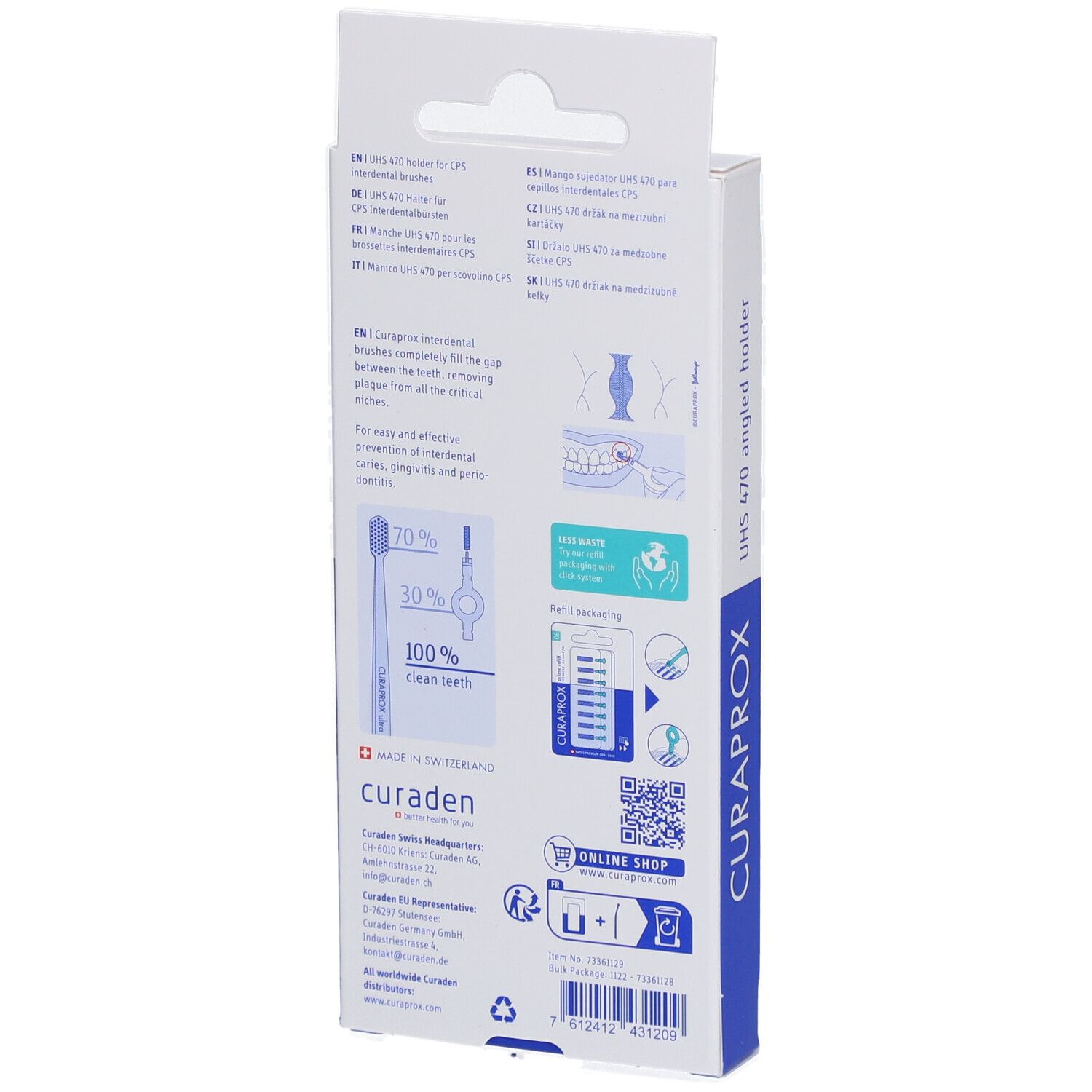 Rückseite der Verpackung mit Produktinformationen. Sichtbar: CURAPROX, UHS 470, Made in Switzerland, QR-Code.