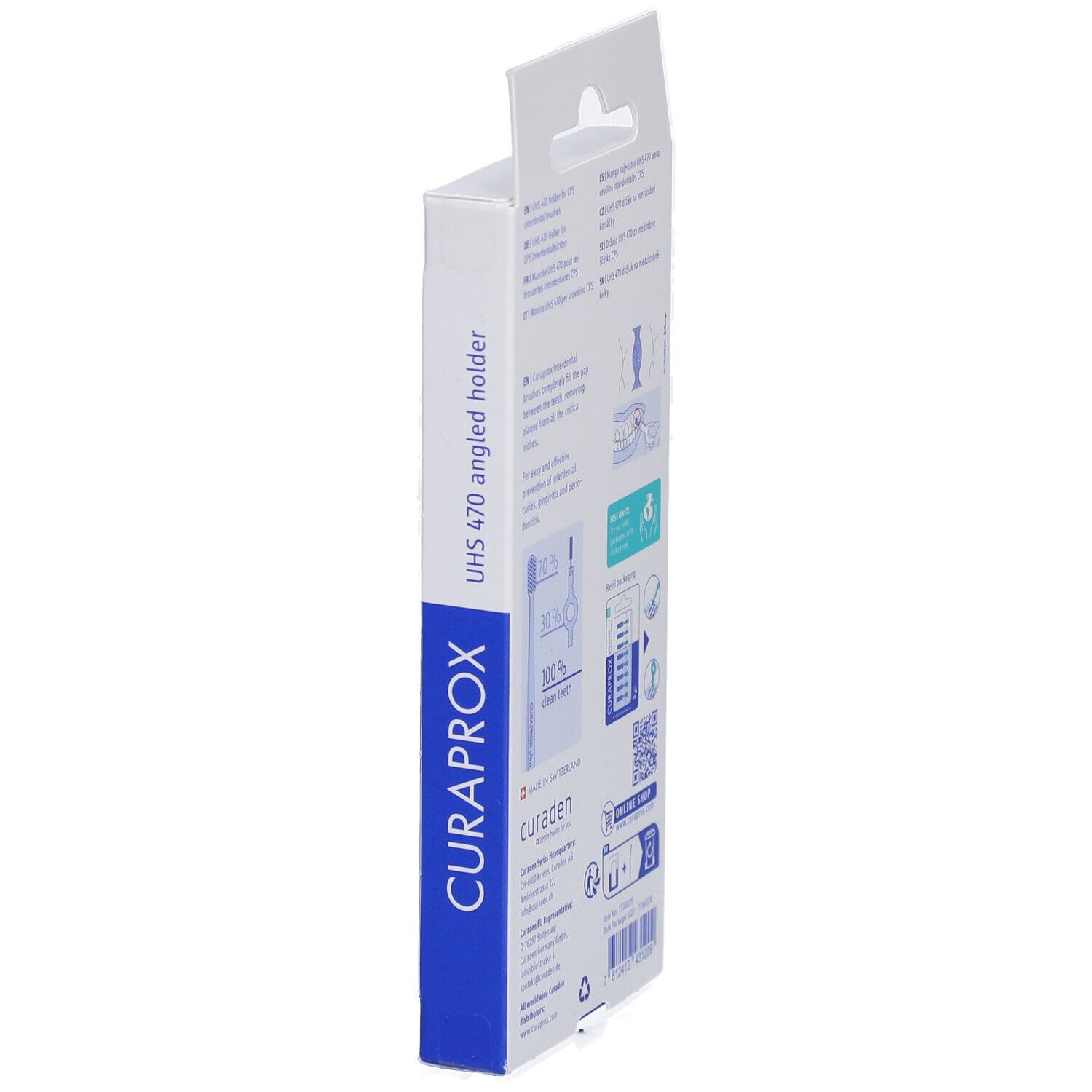 Seitenansicht der Verpackung mit Produktinformationen. Sichtbar: CURAPROX, UHS 470, QR-Code.