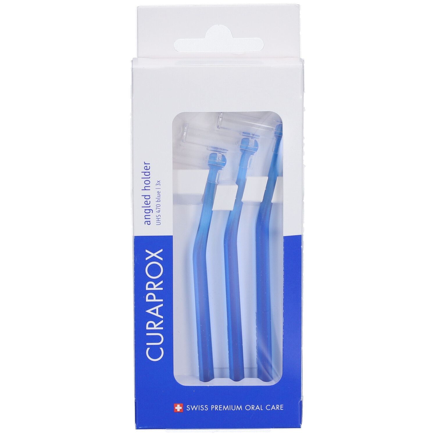 Verpackung mit blauen Interdentalbürstenhaltern. Sichtbar: CURAPROX, UHS 470, Swiss Premium Oral Care. Drei Bürsten im Karton.