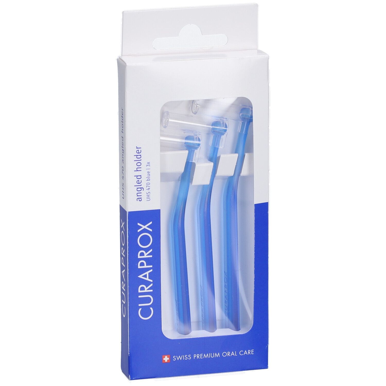 Verpackung mit blauen Interdentalbürstenhaltern. Sichtbar: CURAPROX, UHS 470, Swiss Premium Oral Care. Drei Bürsten im Karton.