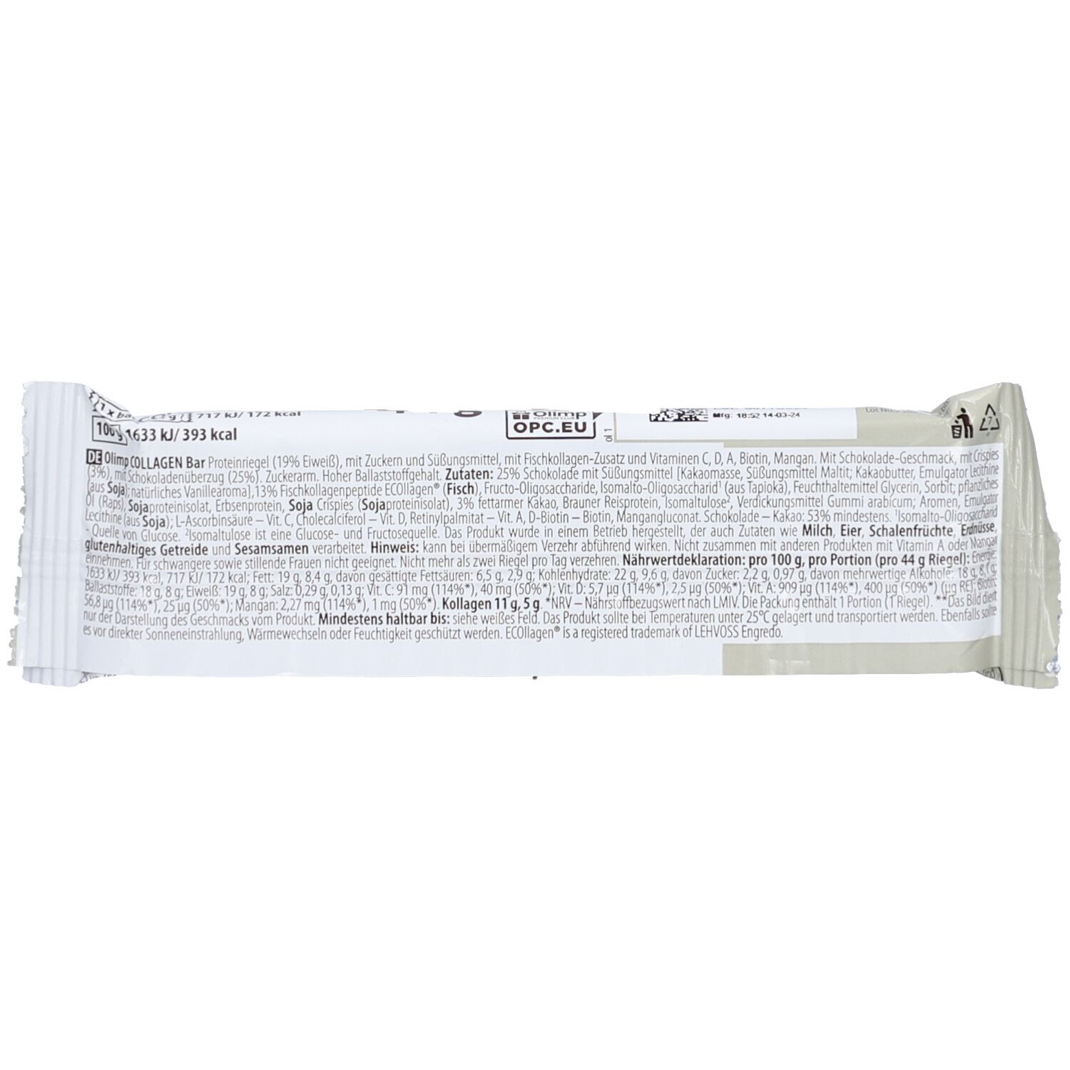 Dos de l'emballage de la barre avec texte. Informations sur les ingrédients, la valeur nutritionnelle et le fabricant. Logo OPC.EU.