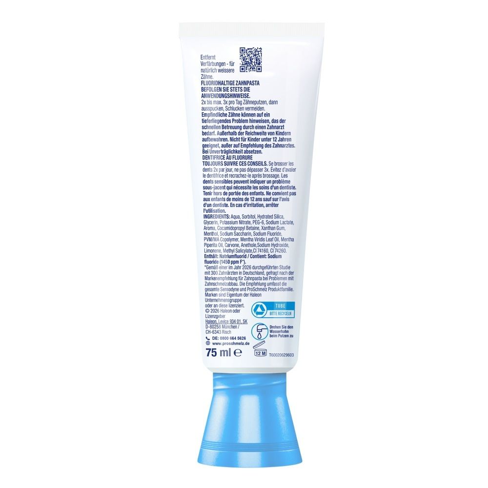 Zahnpastatube mit 75 ml Inhalt und blauer Kappe. Rückseite mit Produktinformationen und Siegeln.