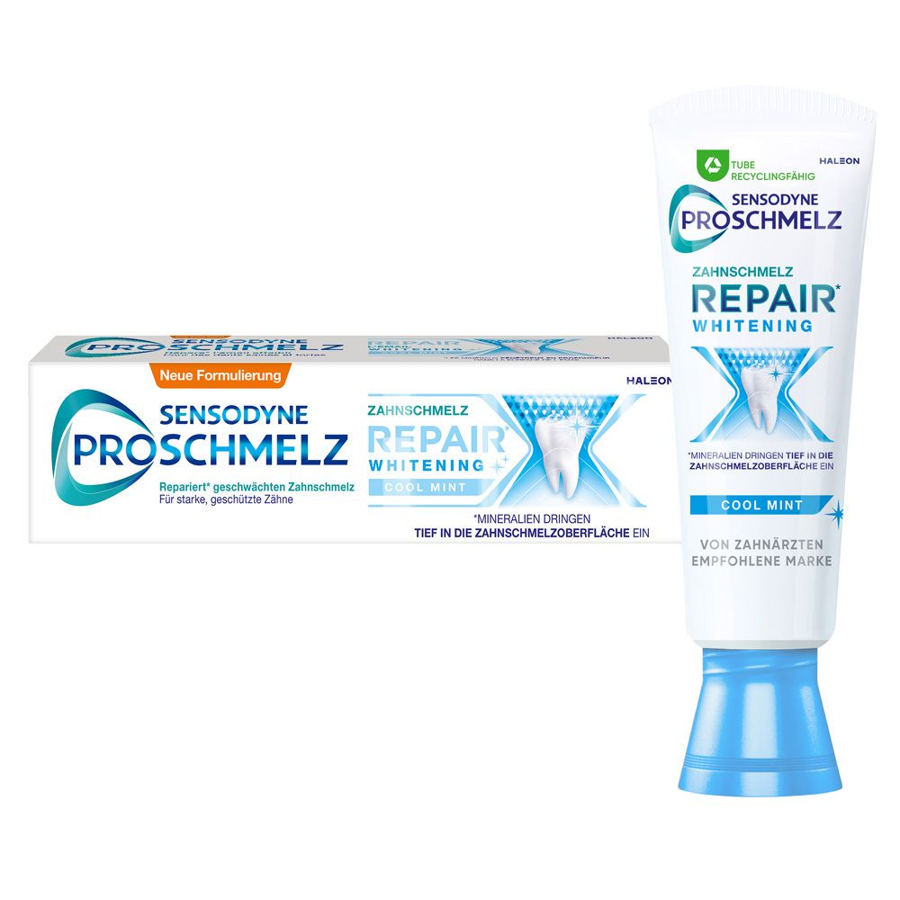 Tube et emballage de dentifrice. Marque : Sensodyne ProSchmelz Repair Whitening. Texte : Cool Mint. Tube avec symbole de recyclage.