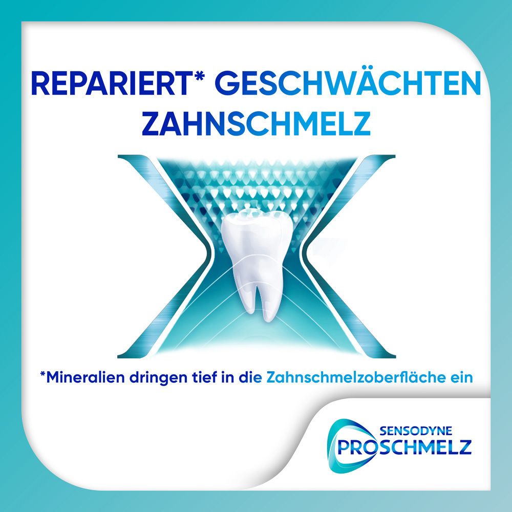 Graphique avec dent et texte : Répare l'émail affaibli. Marque : Sensodyne ProSchmelz. Fond : bleu.