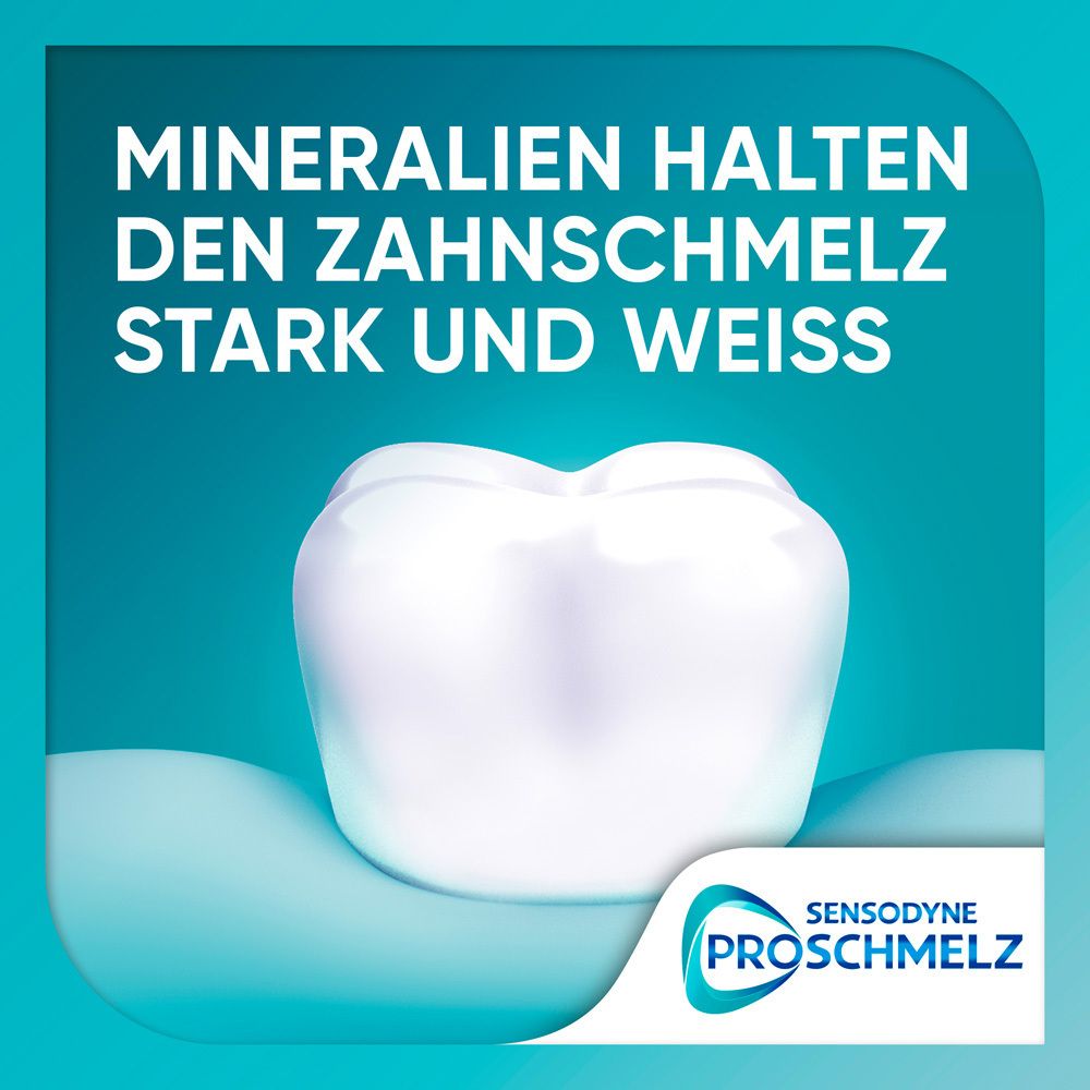 Graphique avec dent et texte : Les minéraux rendent l'émail fort et blanc. Marque : Sensodyne ProSchmelz. Fond : bleu.