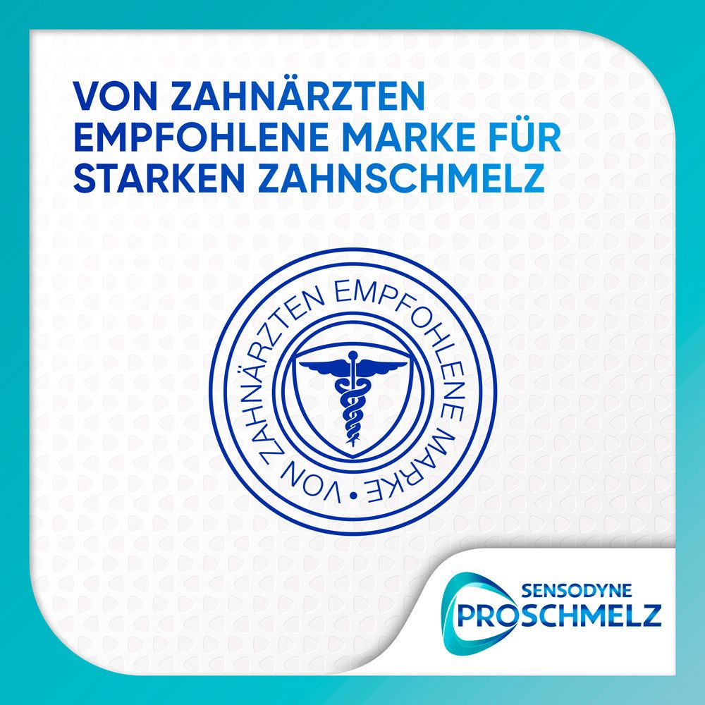 Logo circulaire avec texte : Marque recommandée par les dentistes. Marque : Sensodyne ProSchmelz. Fond : bleu.