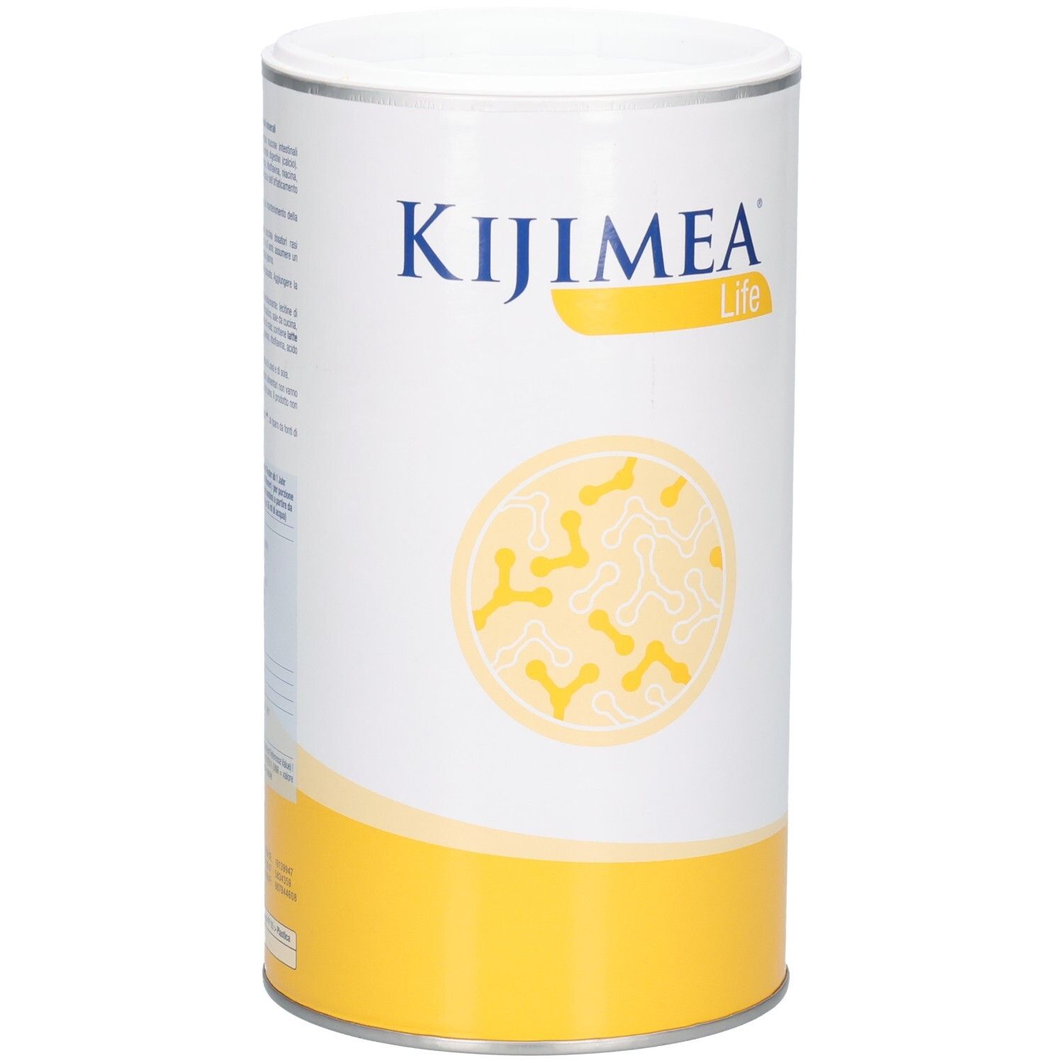 Zylindrische Dose mit weißem Deckel. Aufschrift: KIJIMEA Life. Gelber Streifen am Boden. Abbildung von Bakterien.