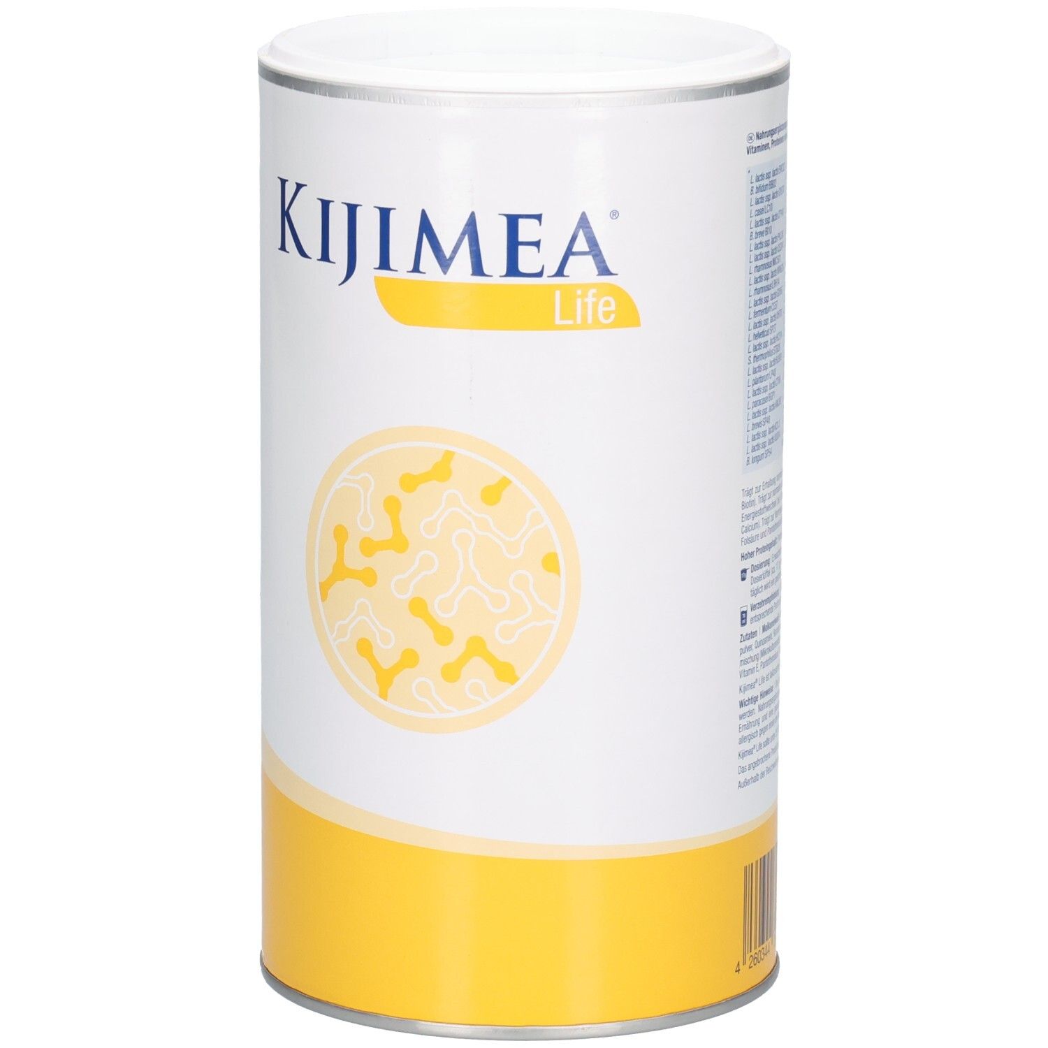 Zylindrische Dose mit weißem Deckel. Aufschrift: KIJIMEA Life. Gelber Streifen am Boden. Abbildung von Bakterien.
