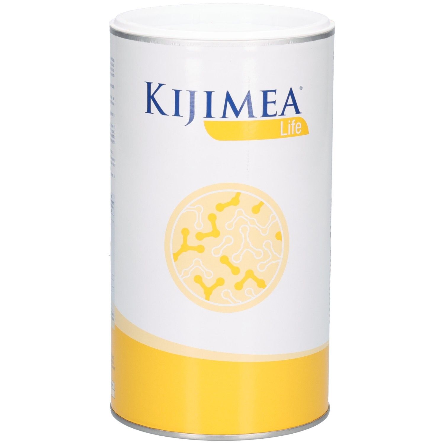 Zylindrische Dose mit weißem Deckel. Aufschrift: KIJIMEA Life. Gelber Streifen am Boden. Abbildung von Bakterien.