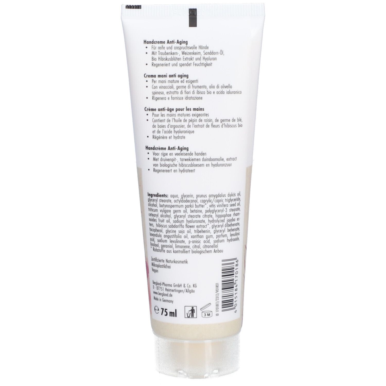 Rückseite der Creme-Tube mit Produktinformationen und Inhaltsstoffen. Enthält das 75 ml-Siegel.