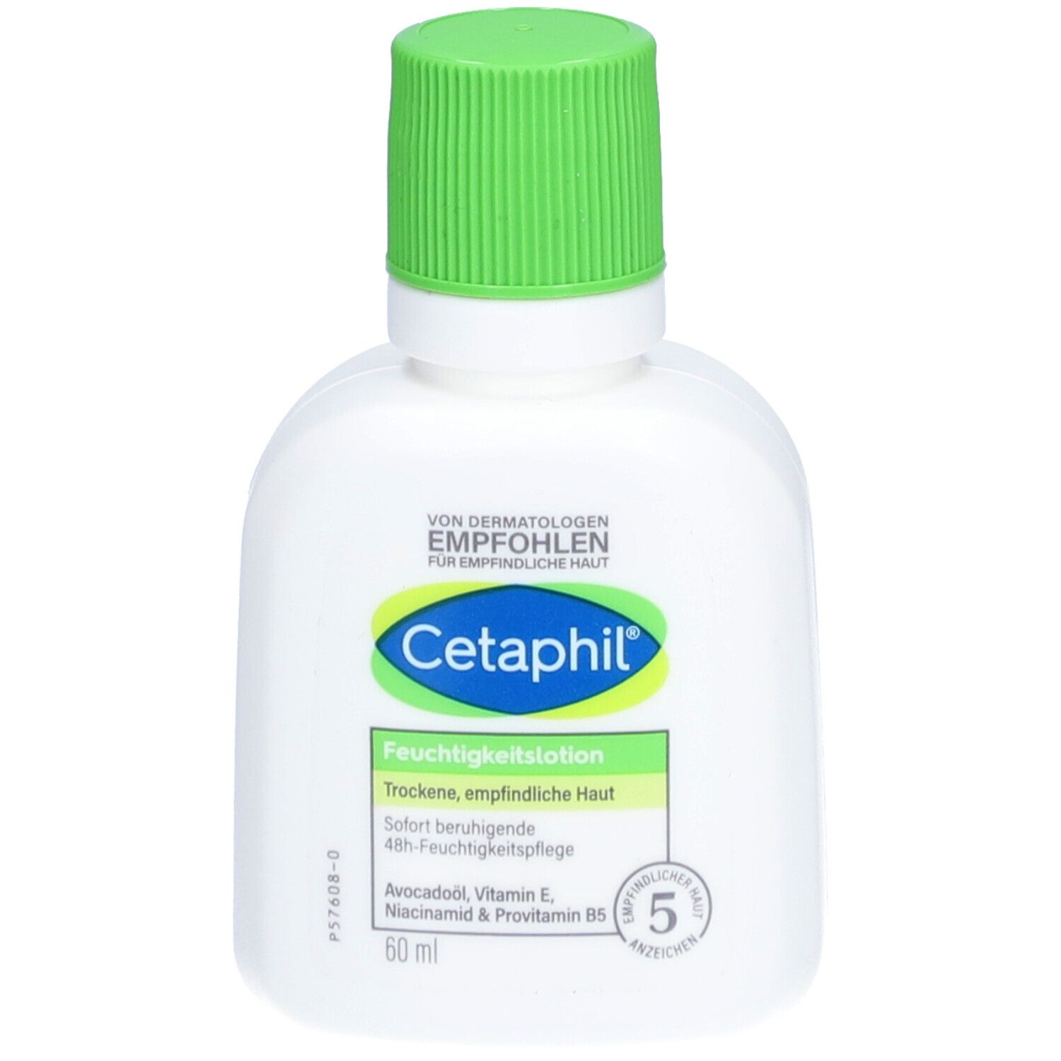 Flacon blanc avec bouchon vert. Inscription Cetaphil, lotion hydratante. Pour peaux sèches et sensibles. 60 ml.