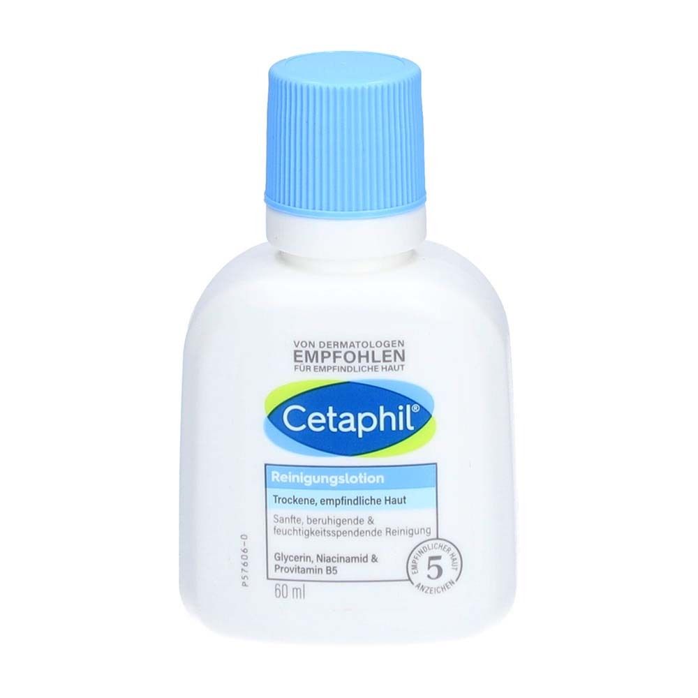 Kleine weiße Flasche mit blauem Deckel. Aufschrift: Cetaphil Reinigungslotion. Empfohlen von Dermatologen.