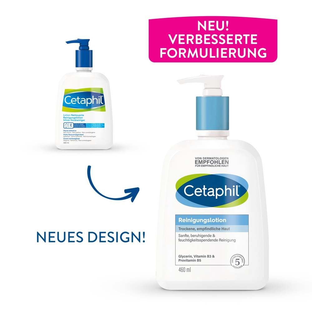 Zwei Flaschen Cetaphil Reinigungslotion. Eine kleine und eine große mit Pumpe. Text: Neues Design, verbesserte Formulierung.