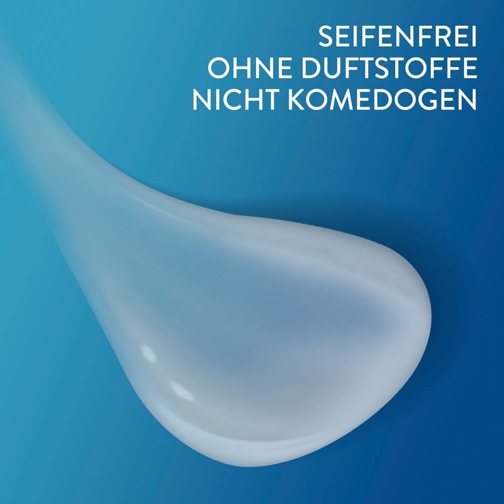 Tropfen Reinigungslotion auf blauem Hintergrund. Text: Seifenfrei, ohne Duftstoffe, nicht komedogen.