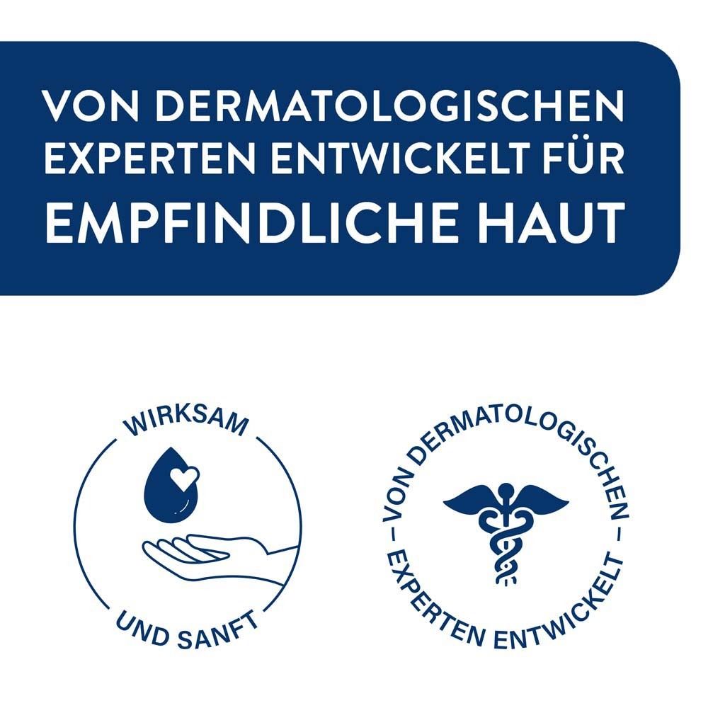 Zwei Logos: Wirkungsweise und dermatologische Experten. Text: Entwickelt für empfindliche Haut.