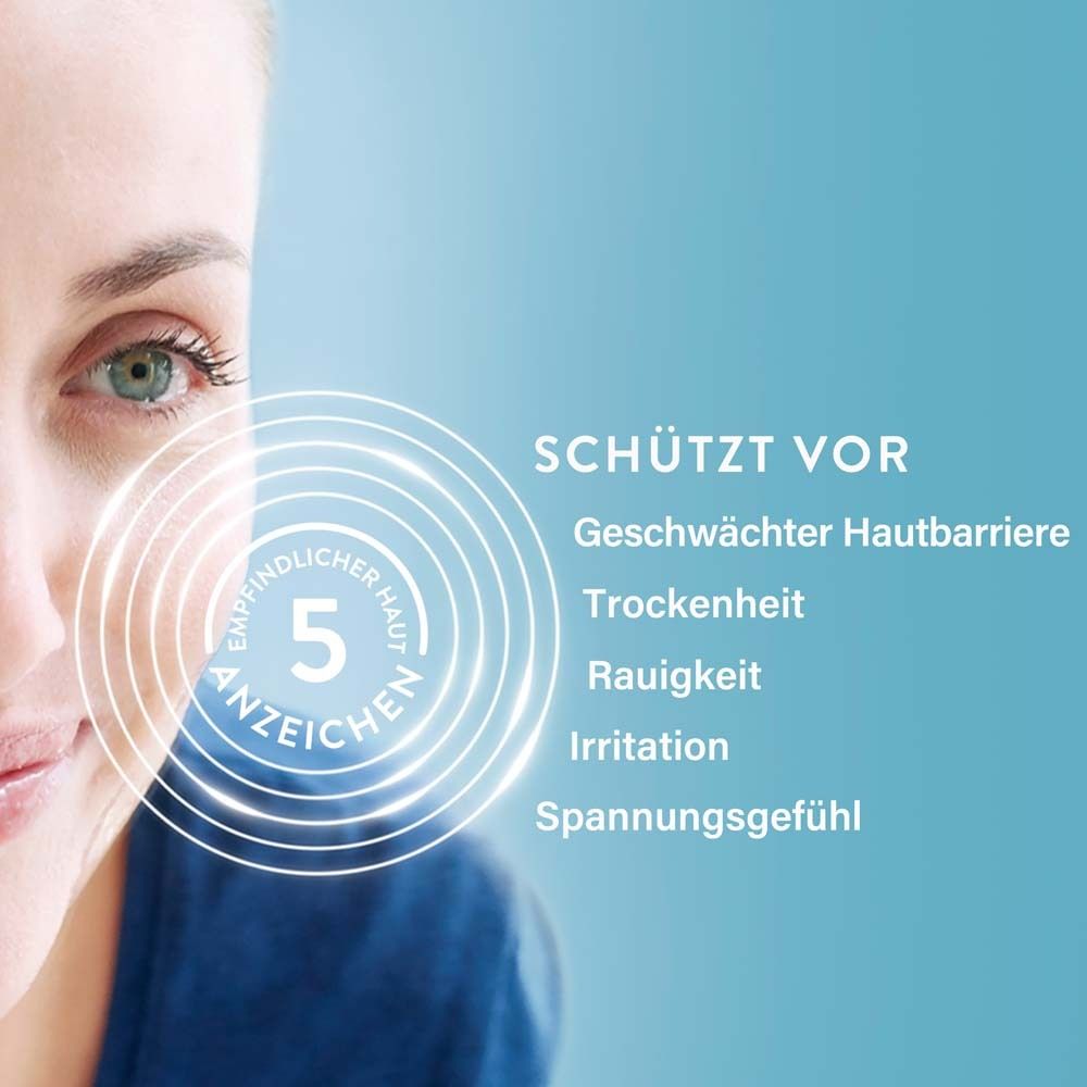 Frau mit Gesichtshälfte. Text: Schützt vor 5 Anzeichen empfindlicher Haut.
