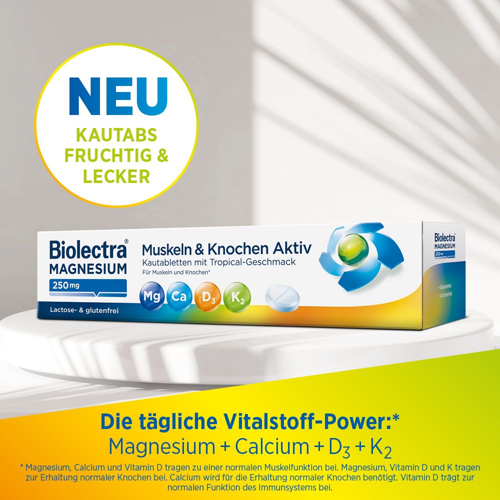 BIOLECTRA Magnesium 250 mg Kautabletten. Aufschrift: Kautabs, fruchtig & lecker. Enthält Mg, Ca, D3, K2. Ohne Laktose & Gluten.