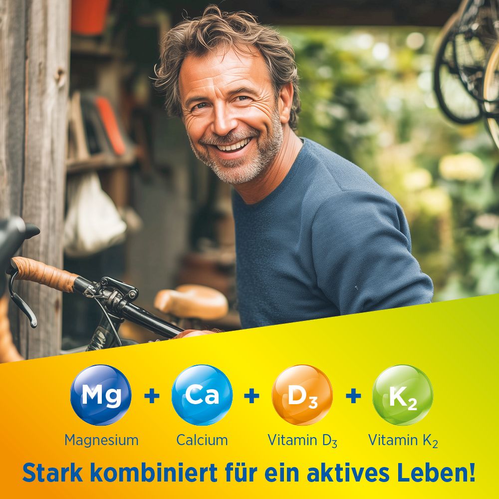 Mann mit Fahrrad. Aufschrift: Mg + Ca + D3 + K2. Stark kombiniert für ein aktives Leben!