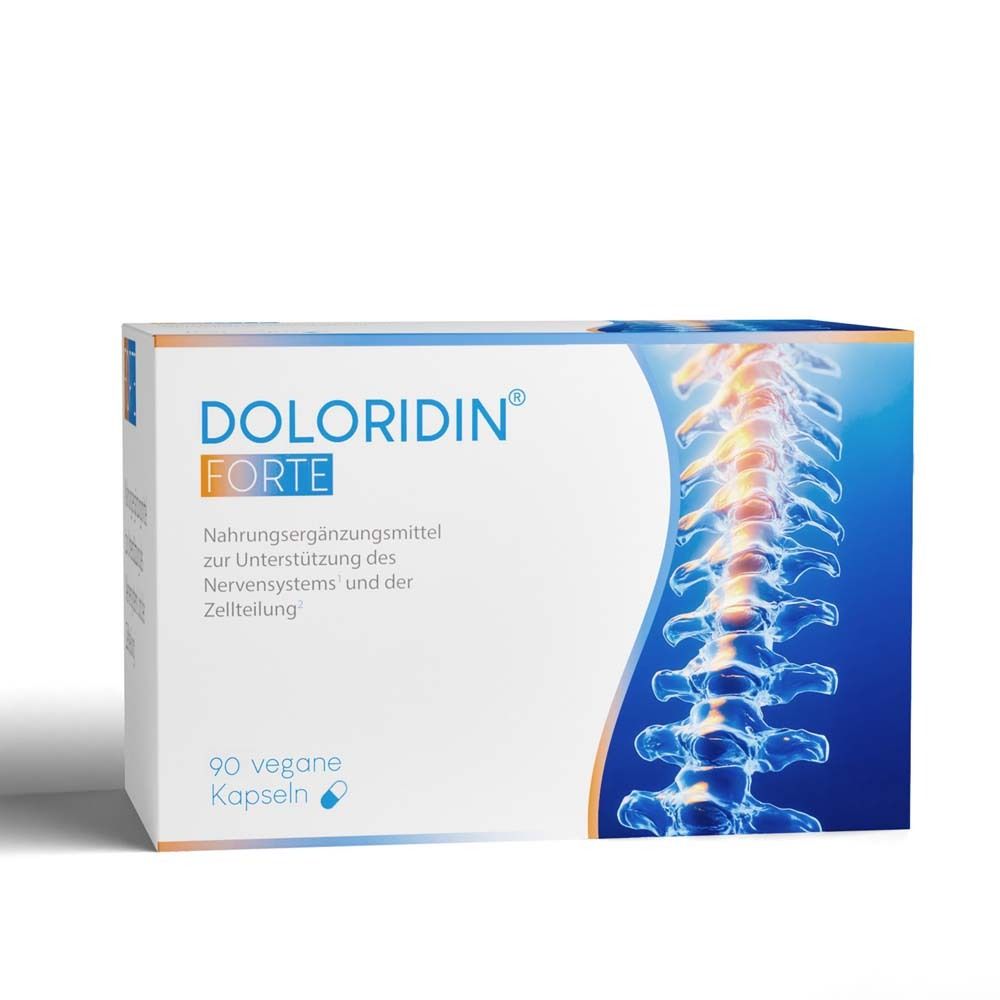 Schachtel mit Doloridin Forte. Text: Nahrungsergänzungsmittel zur Unterstützung des Nervensystems. 90 vegane Kapseln.