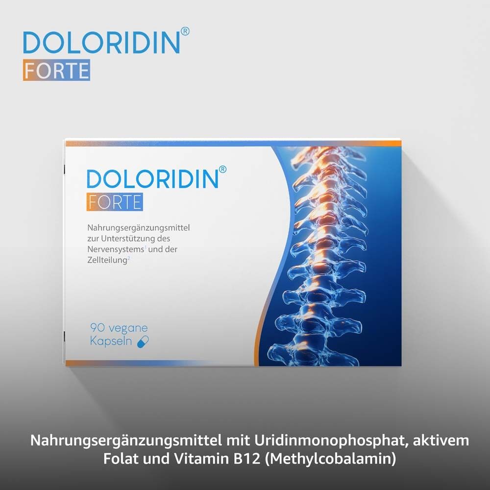 Schachtel mit Doloridin Forte. Text: Nahrungsergänzungsmittel zur Unterstützung des Nervensystems. 90 vegane Kapseln.